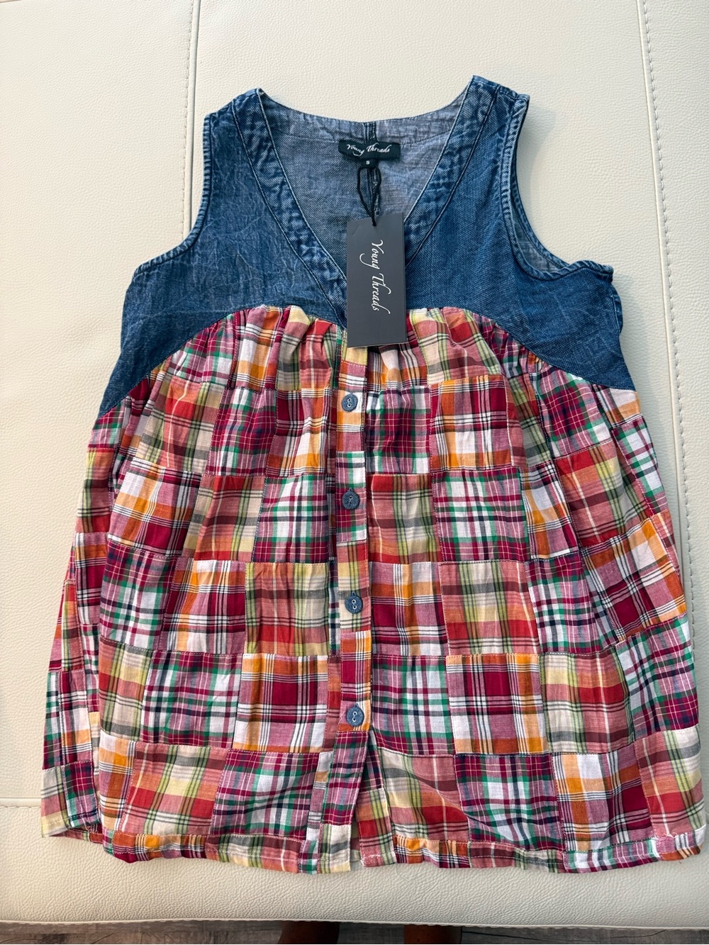 Young Threads Women's Sleeveless Plaid Button-Front Top in Multi